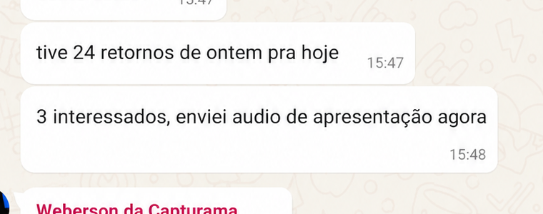 Detalhe ampliado do print com as mensagens tive 24 retornos de ontem pra hoje e 3 interessados.